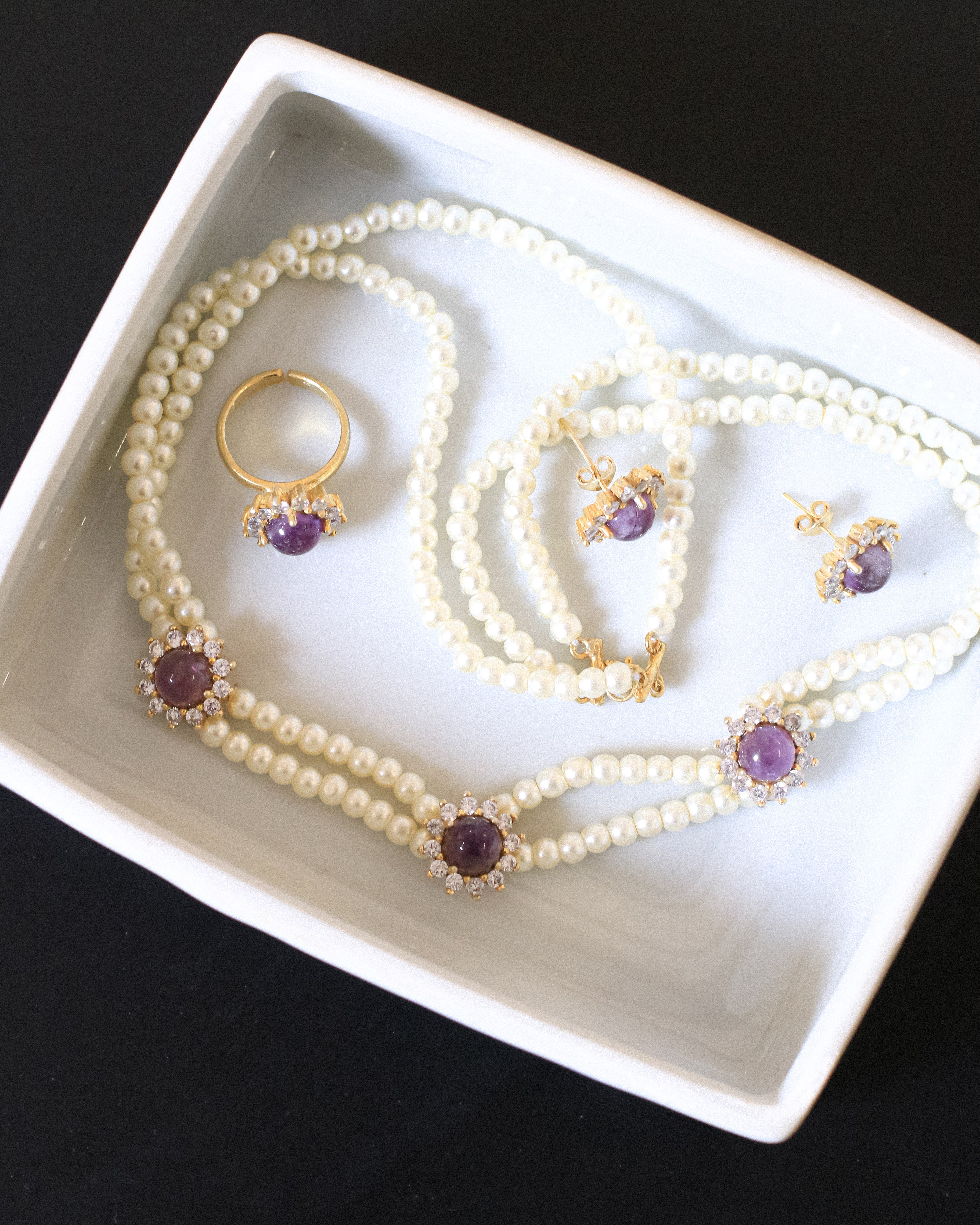 Amethyst 3 Halos Pearl Full Set