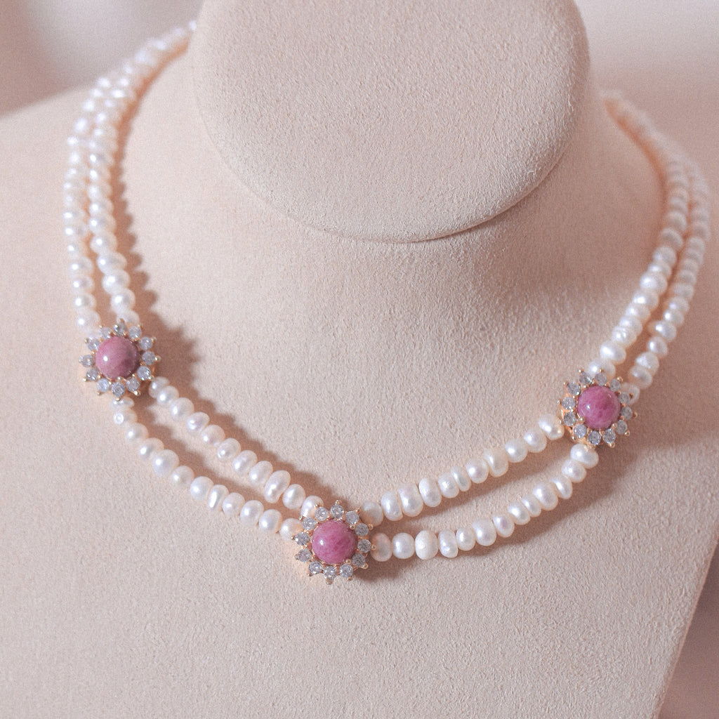 Rhodonite 3 Halos Pearl Necklace