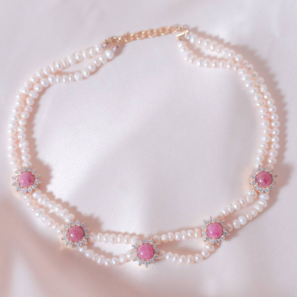 Rhodonite 5 Halos Pearl Necklace