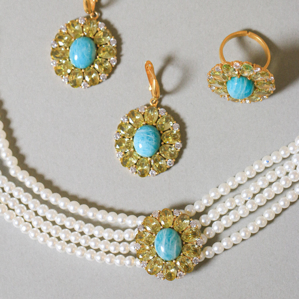 Amazonite & Olive Halo Full Set