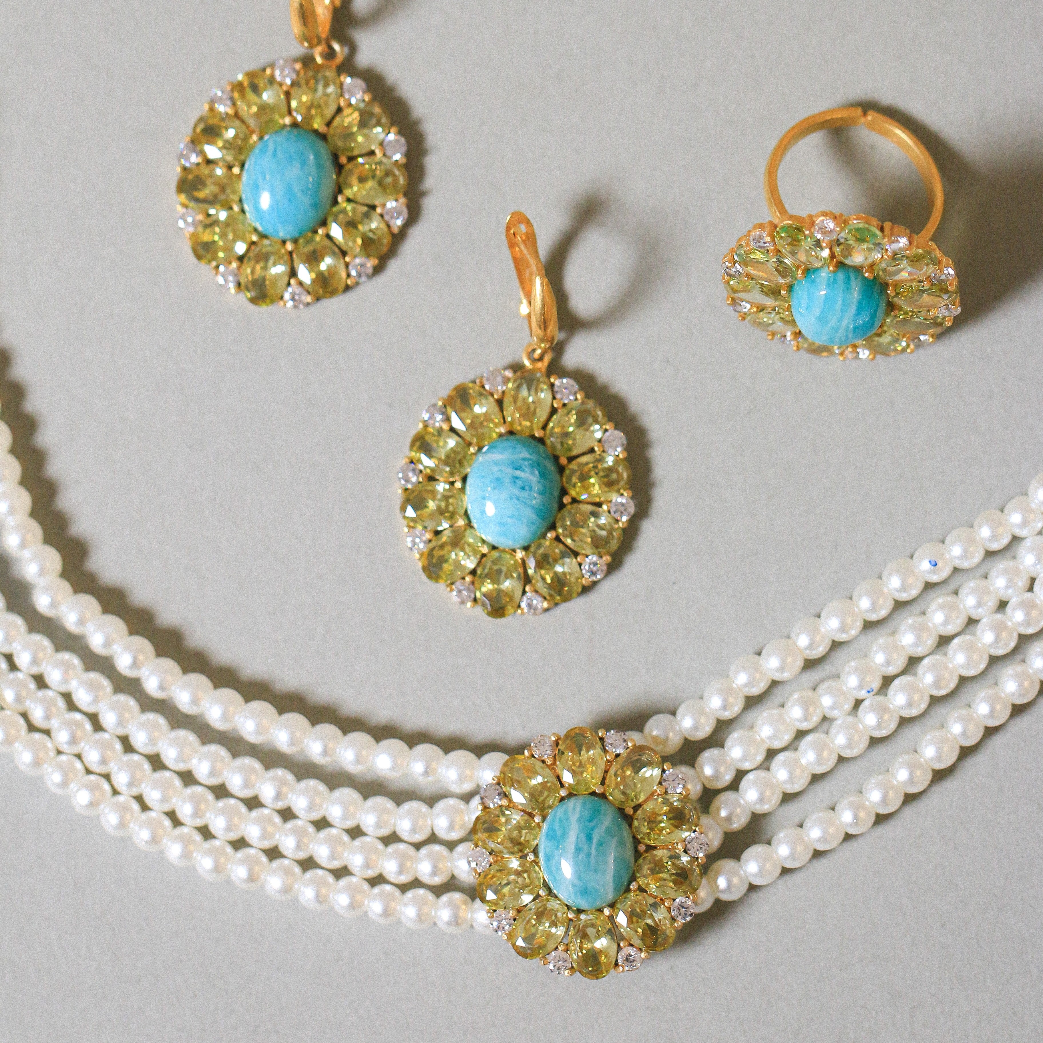 Amazonite & Olive Halo Full Set